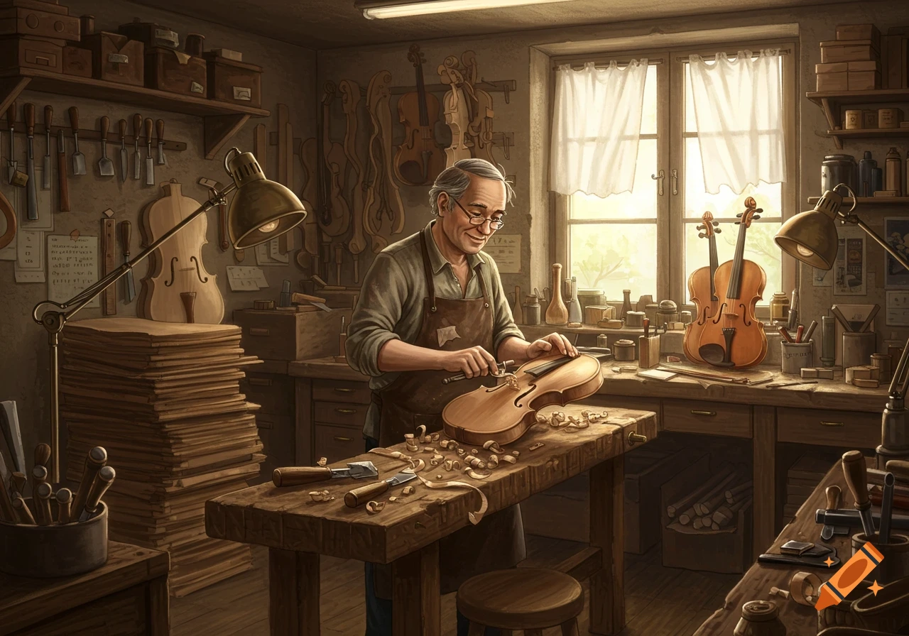 An elderly luthier carving a violin in a busy workshop filled with tools and instruments.