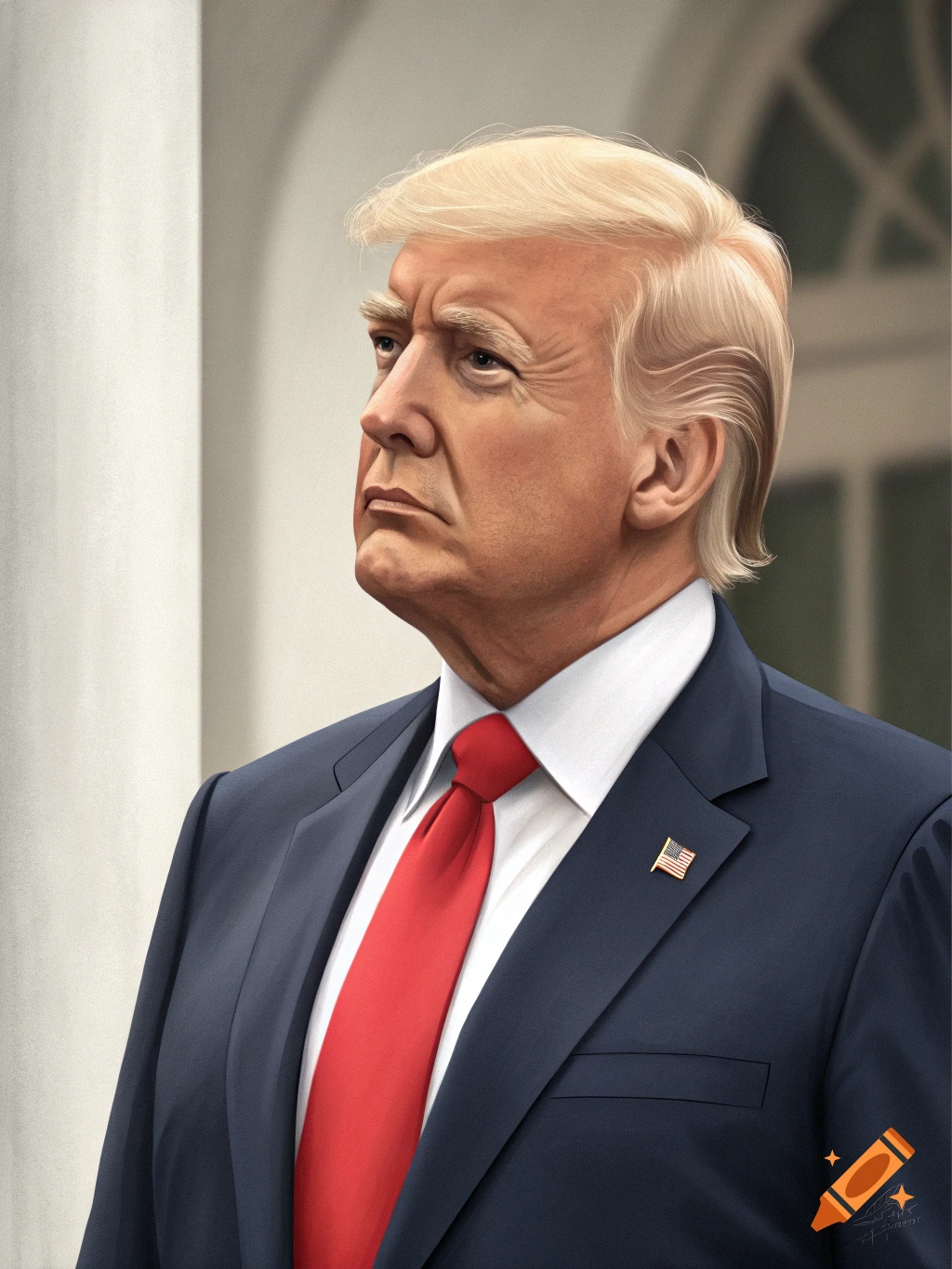Realistic illustration portrait of Donald Trump in a dark suit and red tie