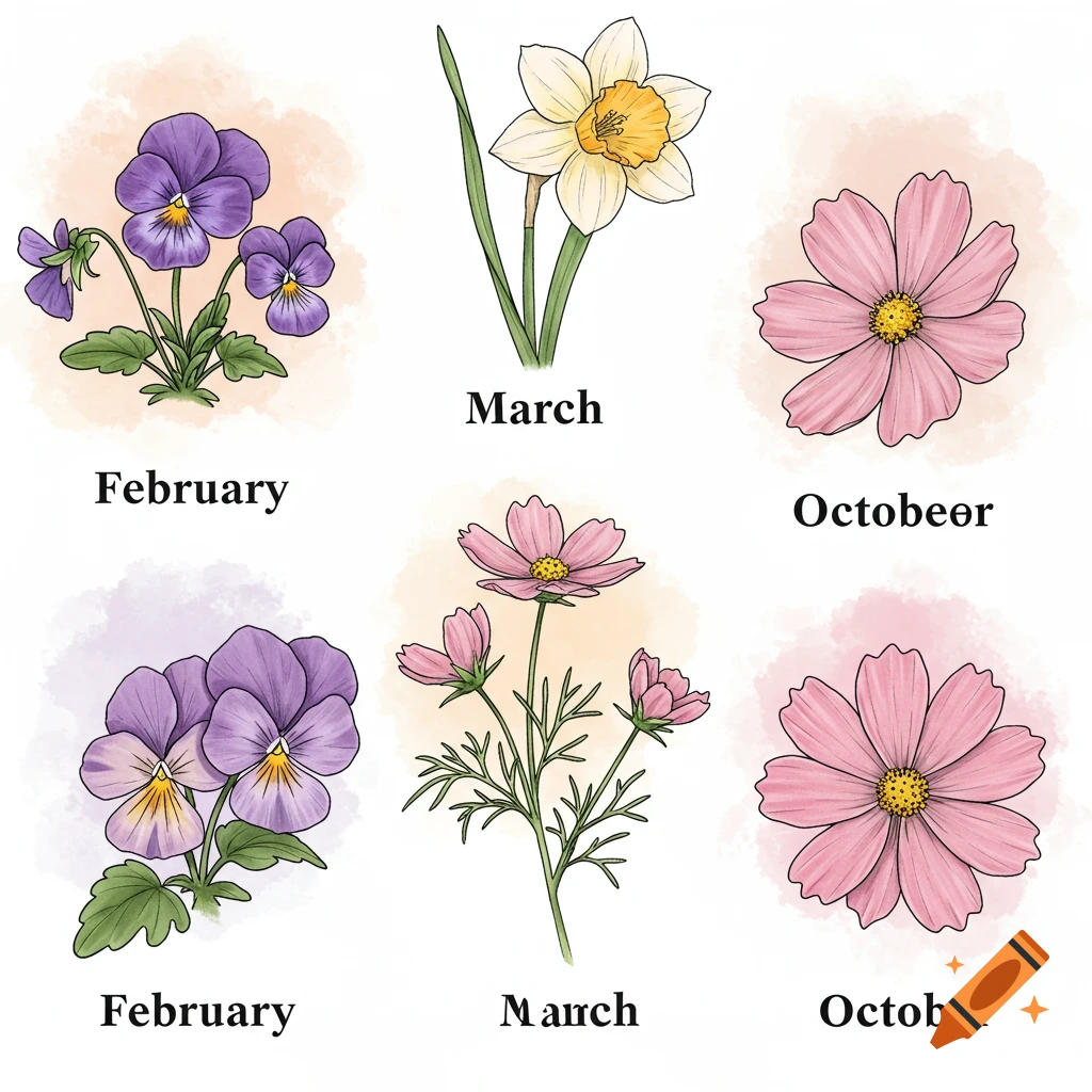 Six illustrated flowers: pansies, daffodils, and cosmos, each labeled with a month (February, March, October). Digital drawing style.