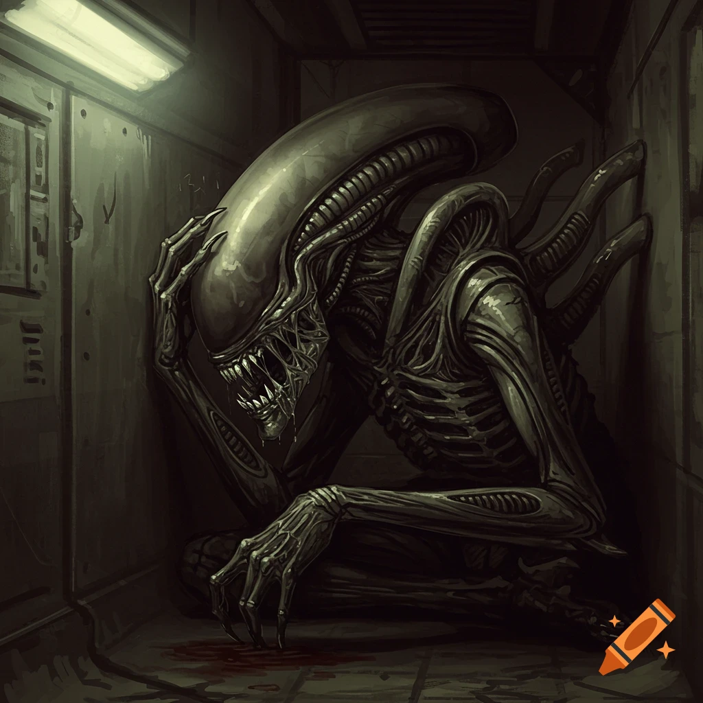 A hunched-over Xenomorph alien holding its head in a dark, narrow corridor with blood on the floor.