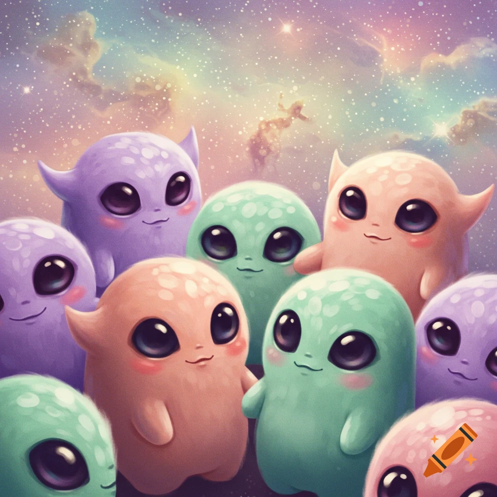 A group of cute round aliens with big eyes floating in a starry nebula.
