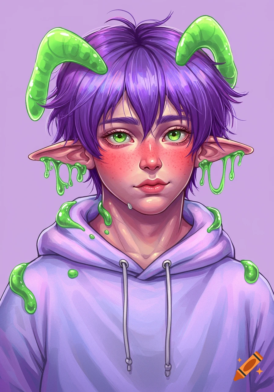 Anime-style portrait of a fantasy character with purple hair, green horns, pointy ears, green slime, and a purple hoodie.