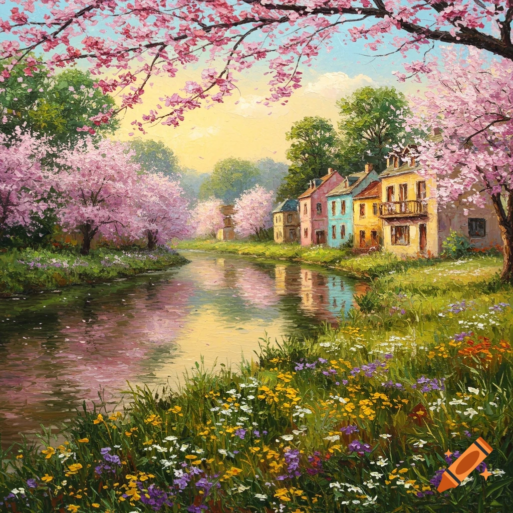 Oil painting of a river flowing past colorful houses under pink cherry blossom trees in spring.