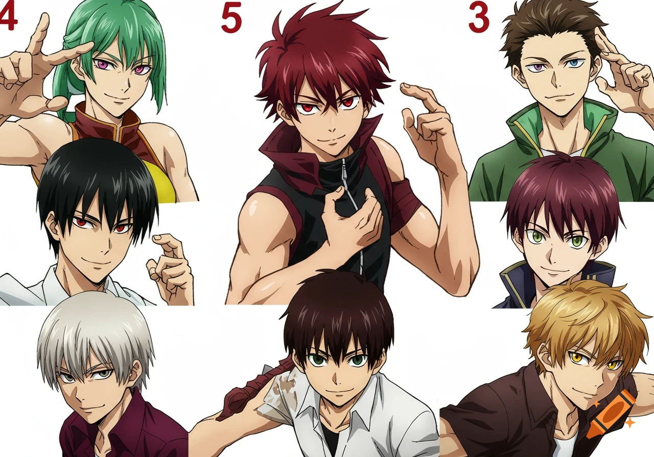 Six anime characters with various hair and eye colors posed against a white background.