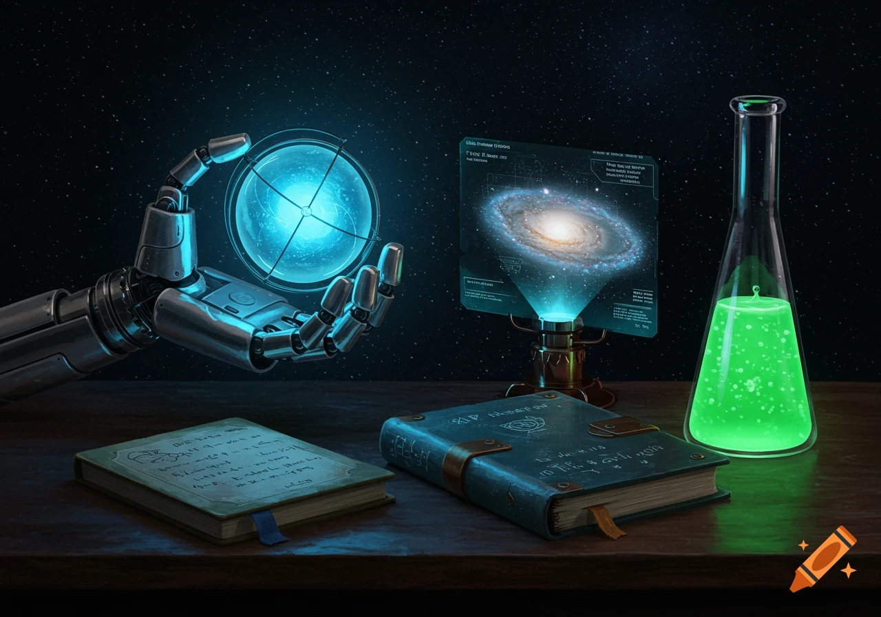 A robot hand holds a glowing sphere in a still life scene. Also included are a galaxy hologram, books, and a beaker, creating a sci-fi atmosphere.