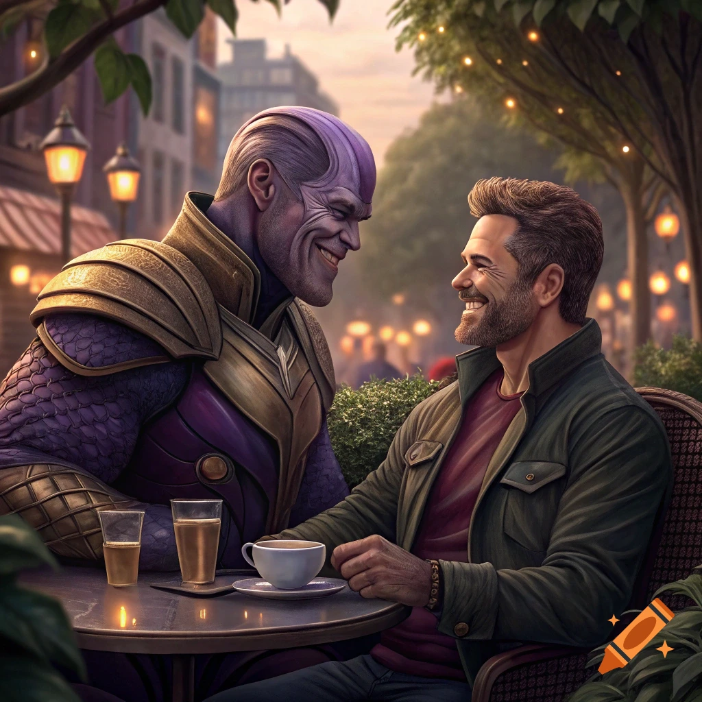 Thanos and a man sit and laugh at an outdoor cafe table.