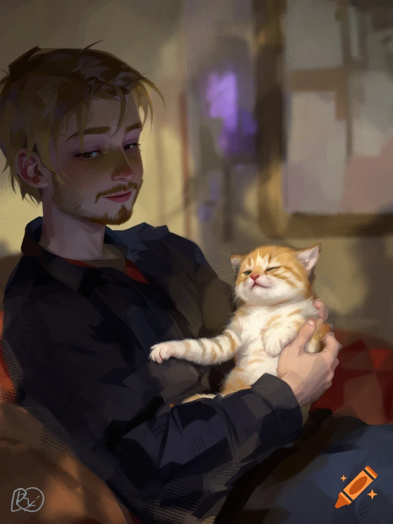 Painting of a man holding an orange tabby kitten.