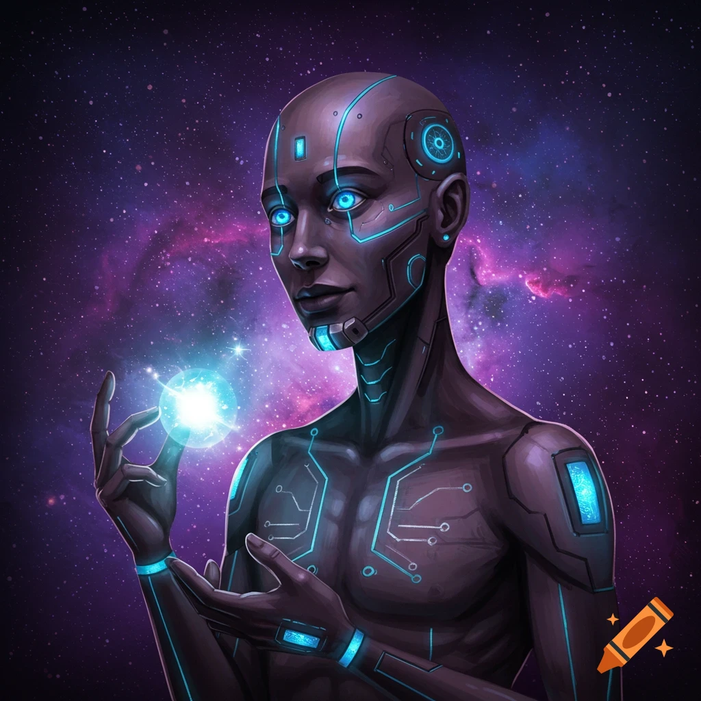 A bald cyborg figure with glowing blue circuits holding a glowing orb in space.