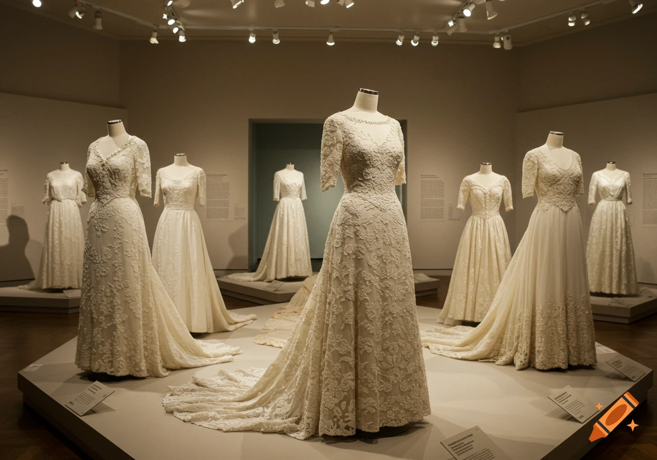 A museum exhibit displays several vintage lace wedding dresses on mannequins.