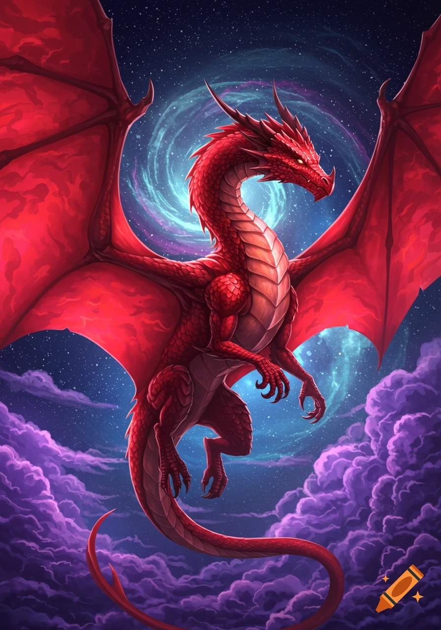 A red dragon flies in space surrounded by purple clouds and a swirling galaxy.