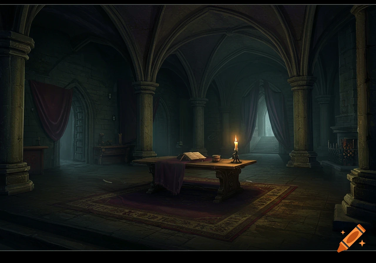 A dark castle interior features a table, book, and candle.