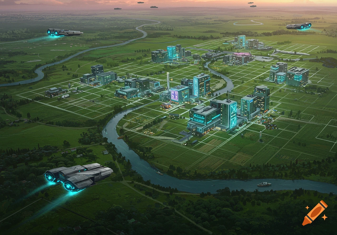 A futuristic rural town with sleek buildings and flying vehicles, seen from a bird's eye view.