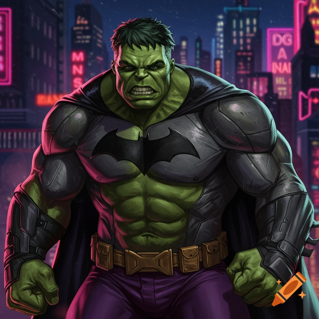 Hulk in a Batman costume standing in a neon-lit city at night.
