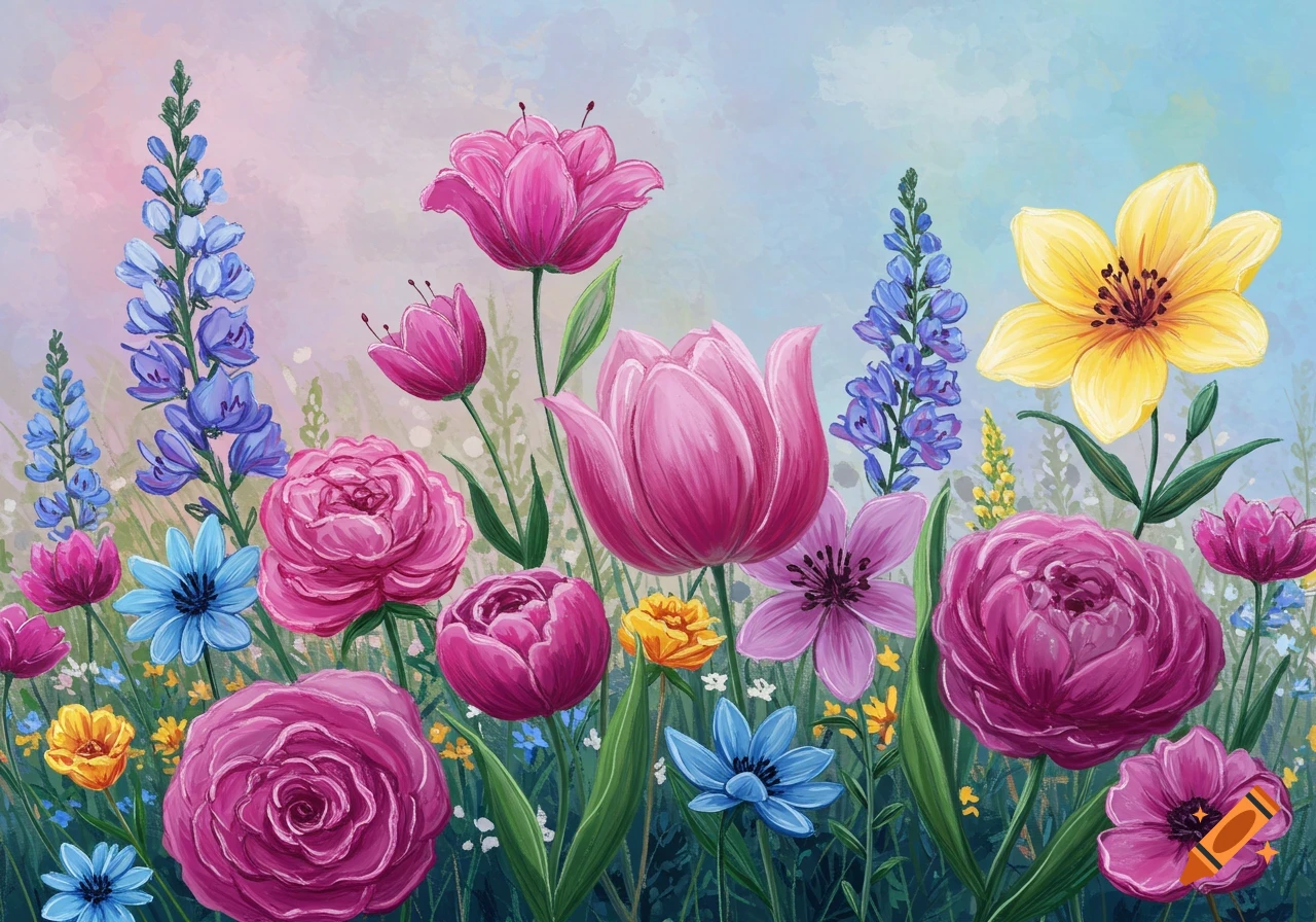 A vibrant depiction of a flower garden with various colorful blossoms.