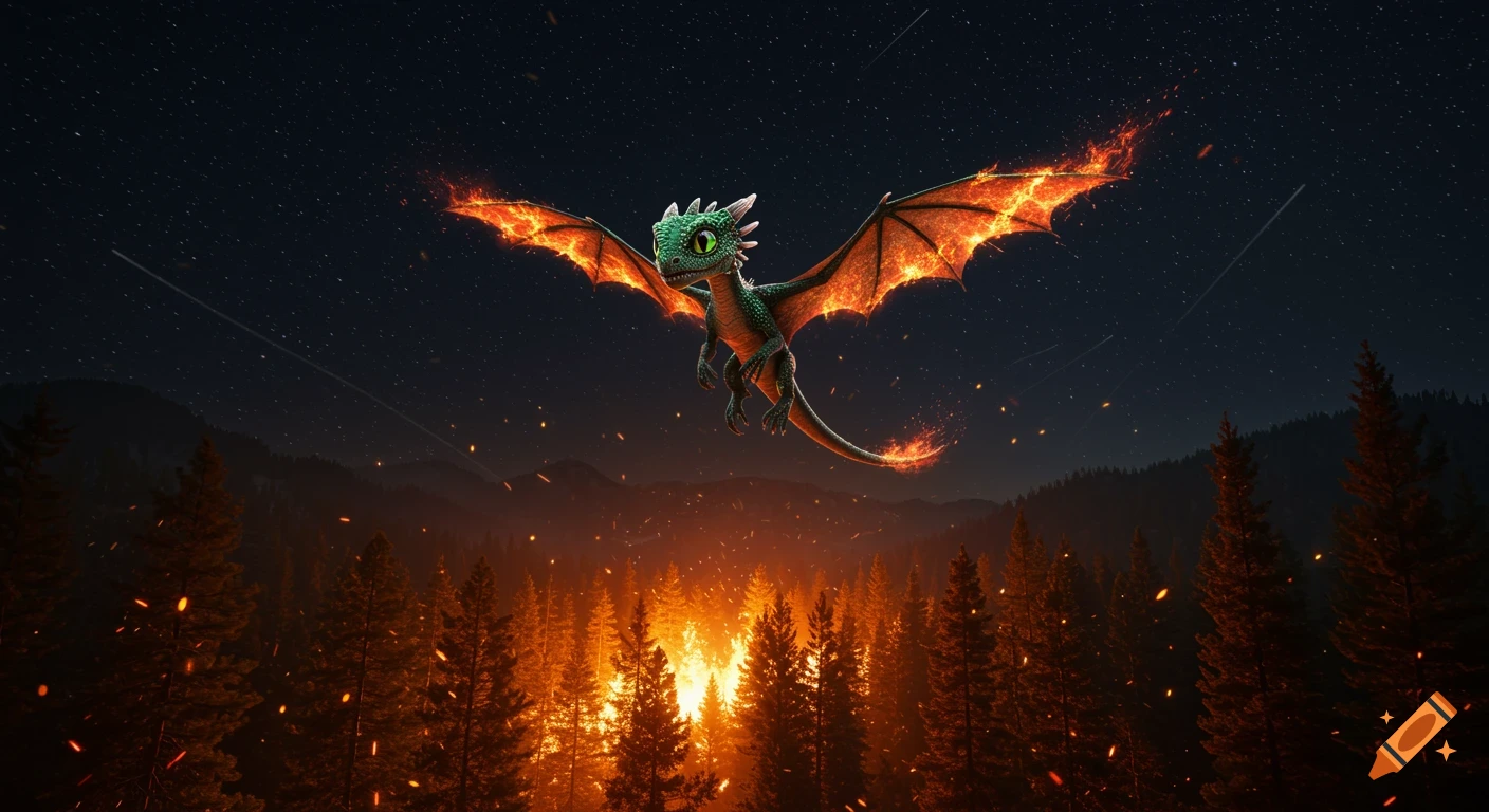 Cinematic image of a baby dragon with fiery wings flying over a burning forest at night under a starry sky.