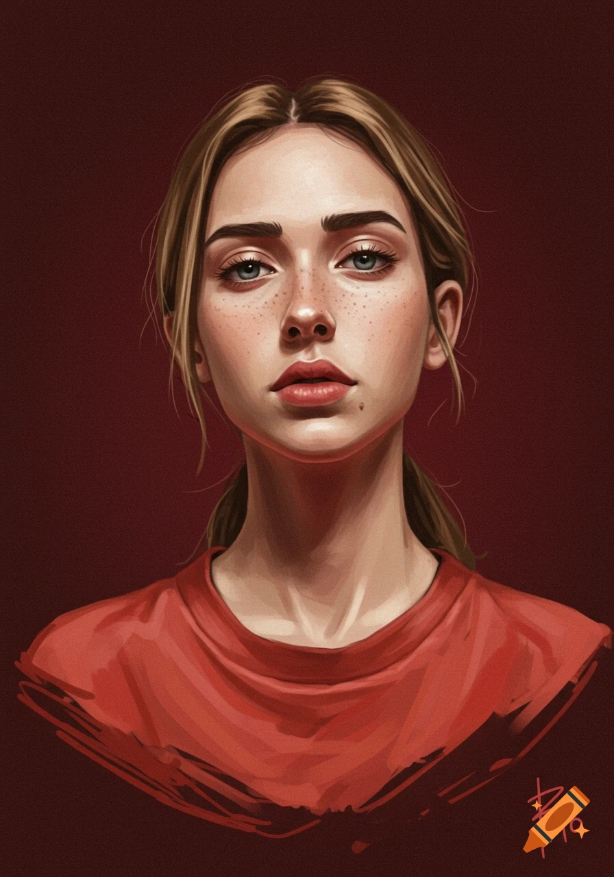 Portrait of a young woman with freckles wearing a red t-shirt against a red background.
