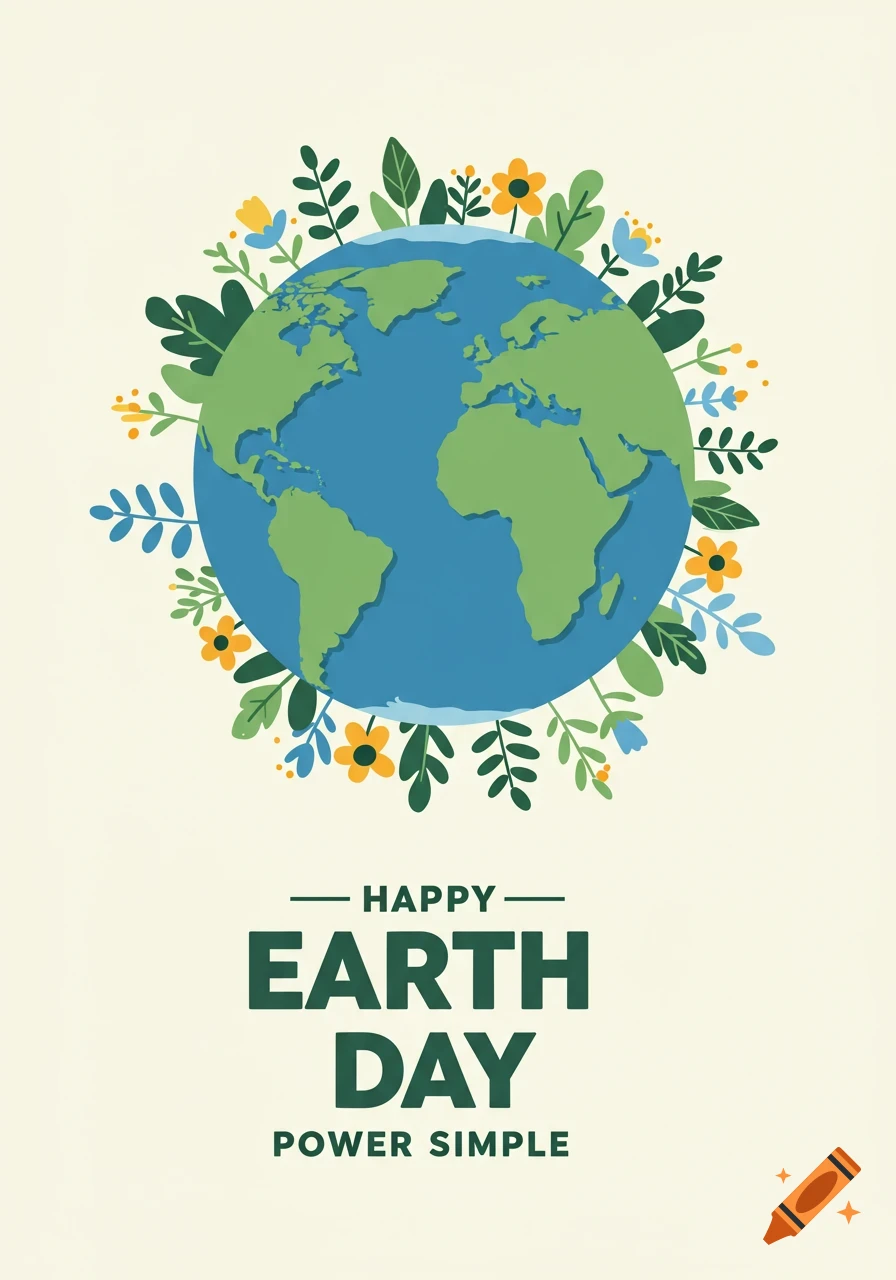 Illustration of the Earth surrounded by flowers and leaves, with 'HAPPY EARTH DAY POWER SIMPLE' text below.