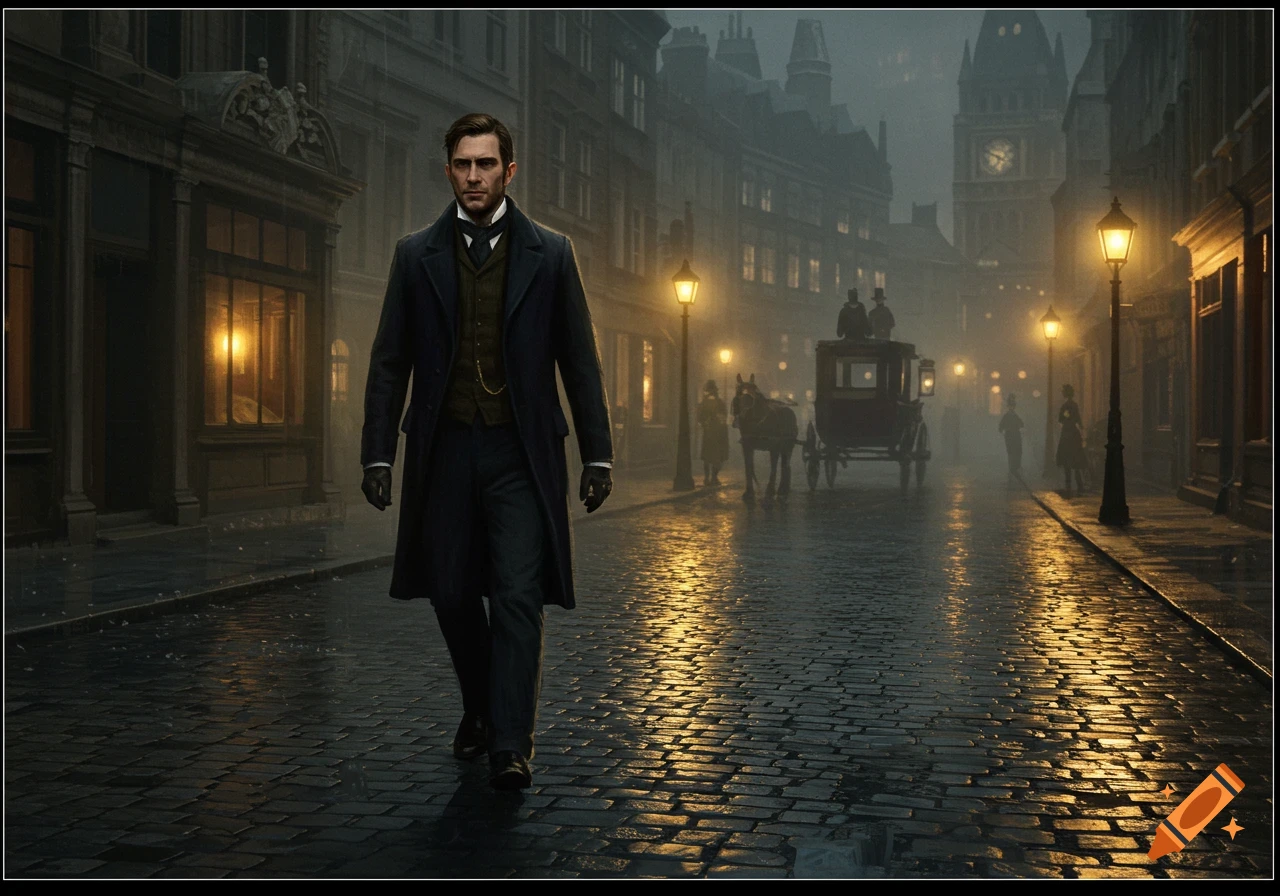 Victorian man walking on a wet, gaslit cobblestone street at night with a carriage in the background.