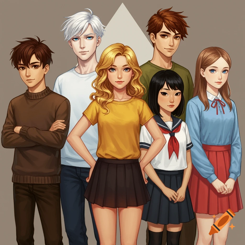 Six stylized young people standing in a group.