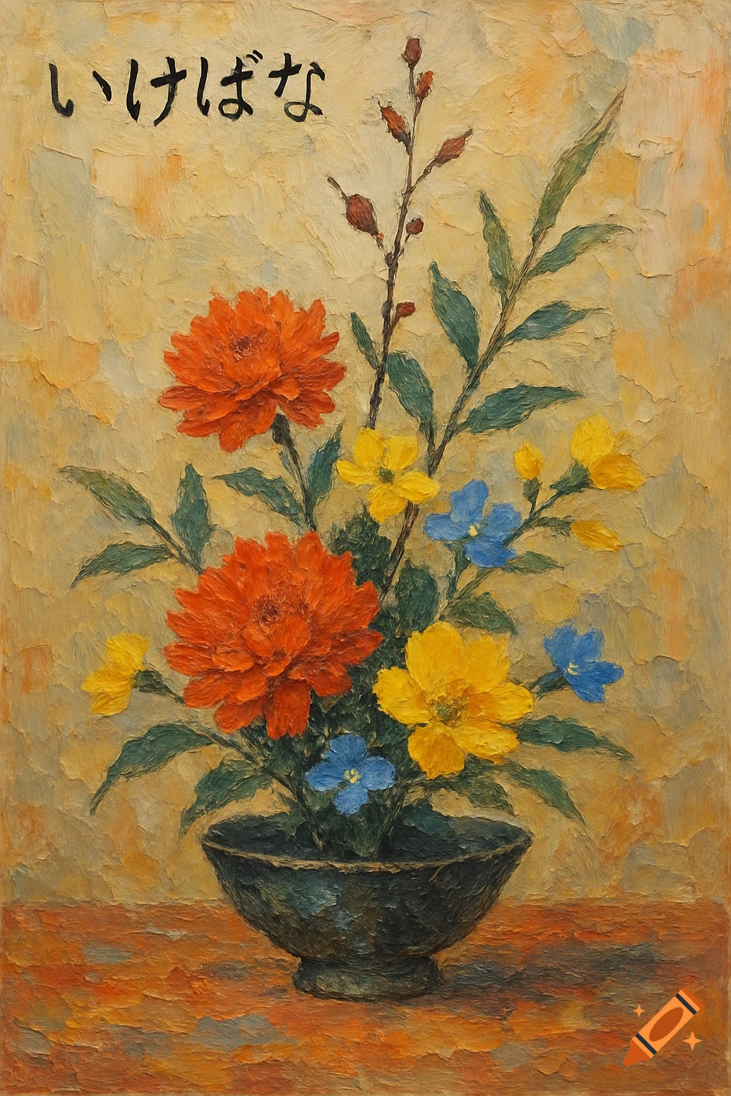 A palette knife oil painting of an Ikebana floral arrangement with orange, yellow, and blue flowers.