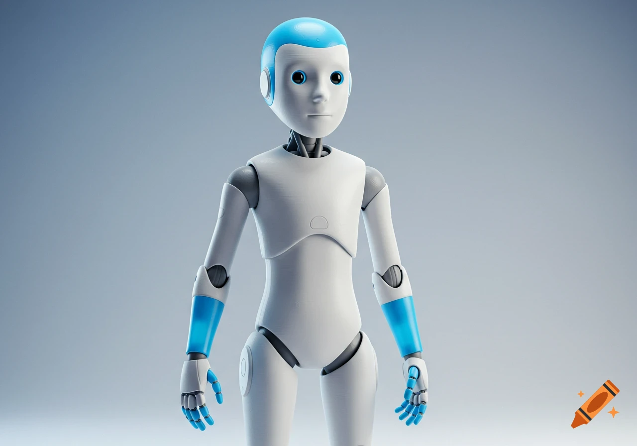 Realistic photo of a humanoid robot with white body, blue head, and blue translucent arms and hands.