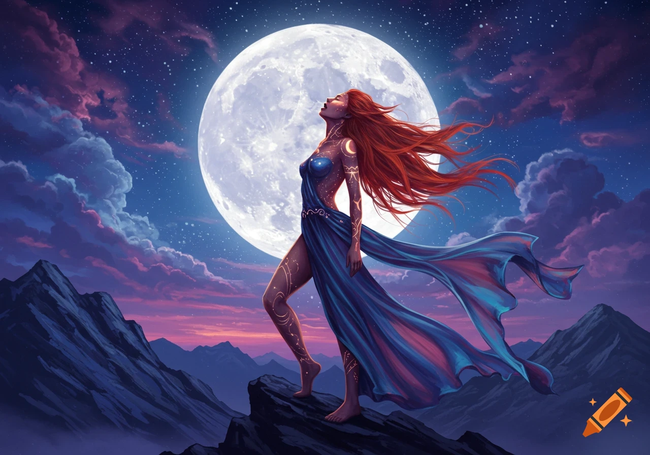 A woman on a mountain looking at a large moon under a starry sky, with flowing red hair and a blue dress.