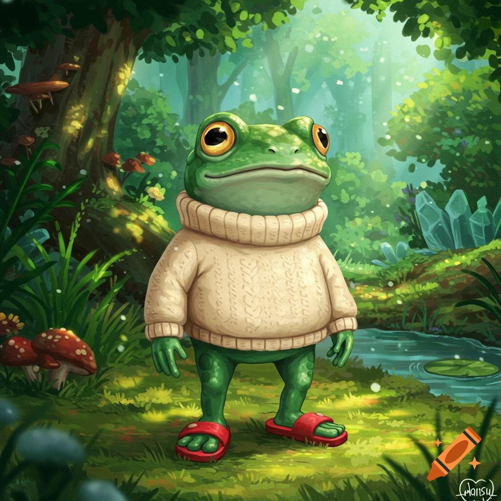 A cartoon frog in a sweater and sandals stands in a lush fantasy forest stream scene in anime style.