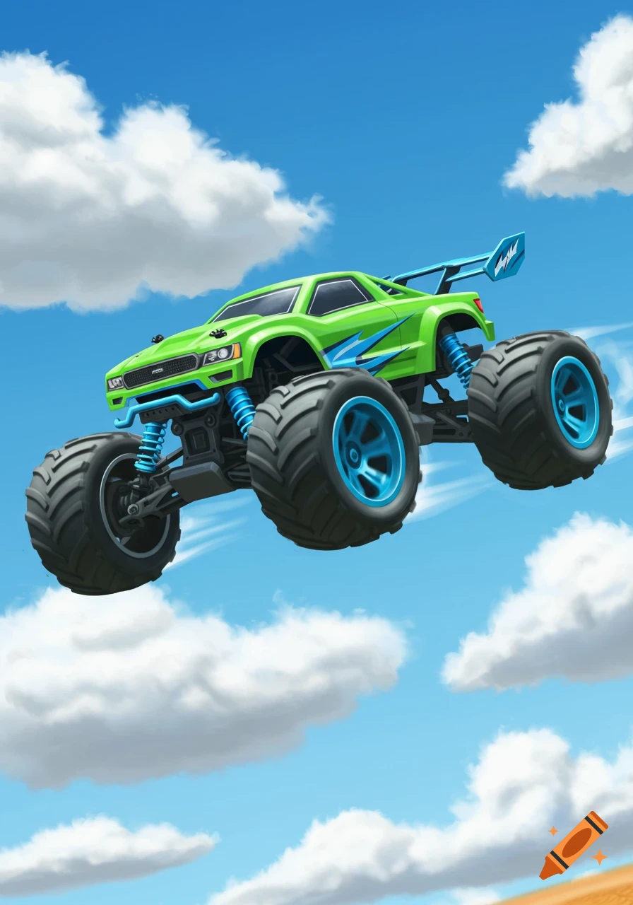 A green RC monster truck jumps through the air under a blue sky.