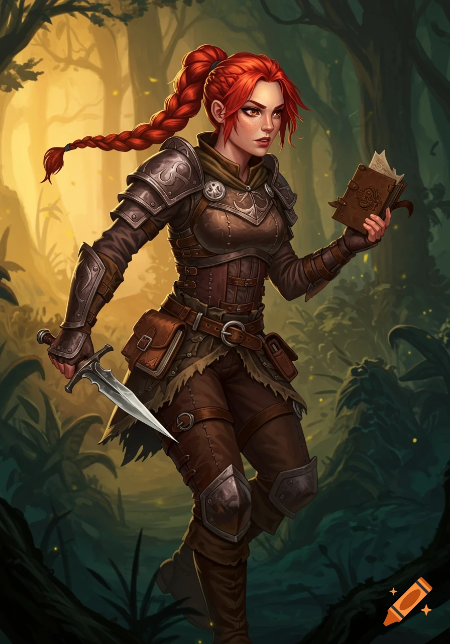 Red-haired female fantasy warrior in armor with sword and book in forest