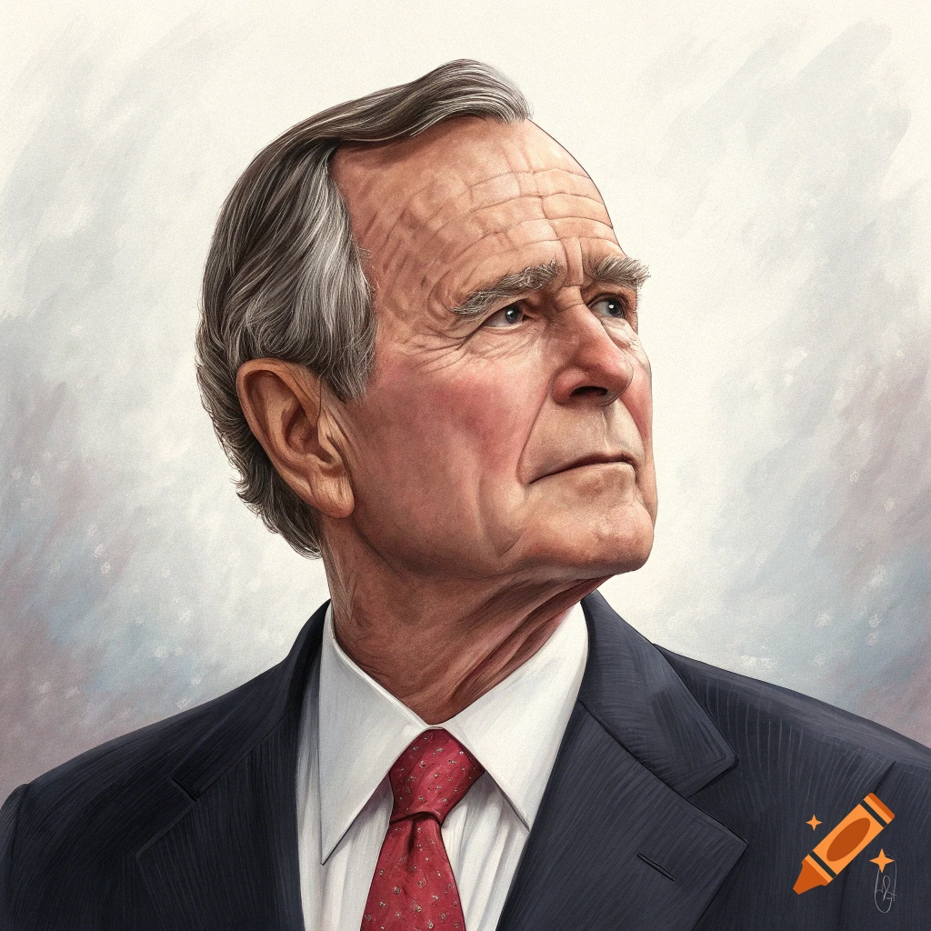 Realistic portrait of George H.W. Bush in a suit and tie, looking upwards.