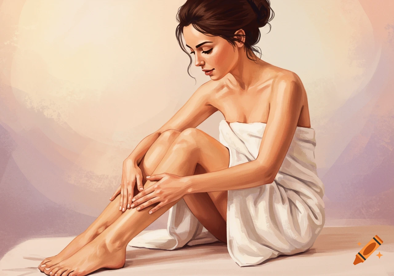 A woman wrapped in a towel is rubbing her legs with her hands.
