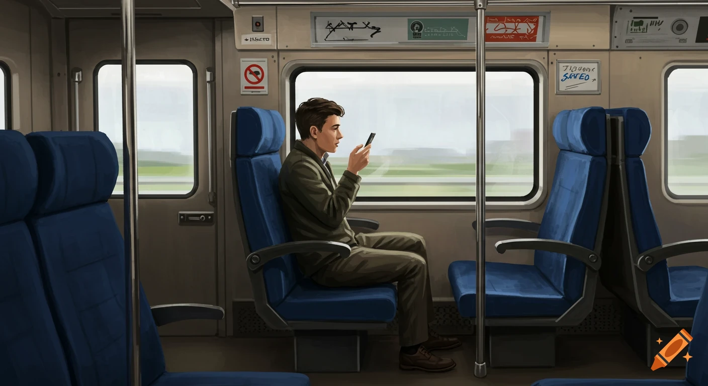Man looking at his phone while riding on a train.
