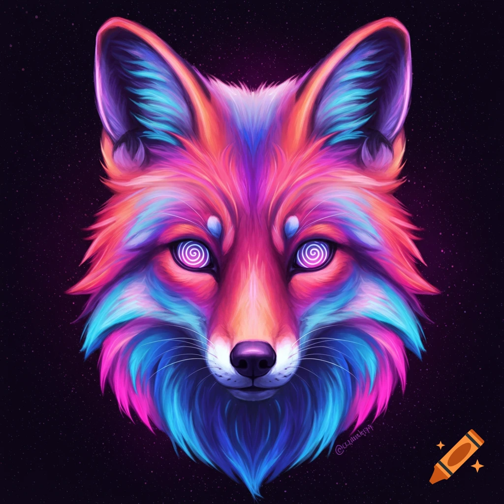 Psychedelic image of a fox head with vibrant pink and blue colors and swirly eyes against a starry background.