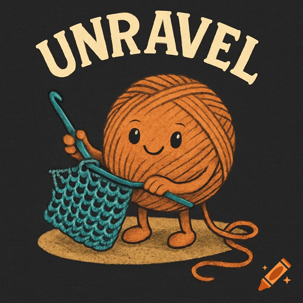 Cartoon ball of orange yarn crocheting with a blue hook and square, with the word UNRAVEL above.