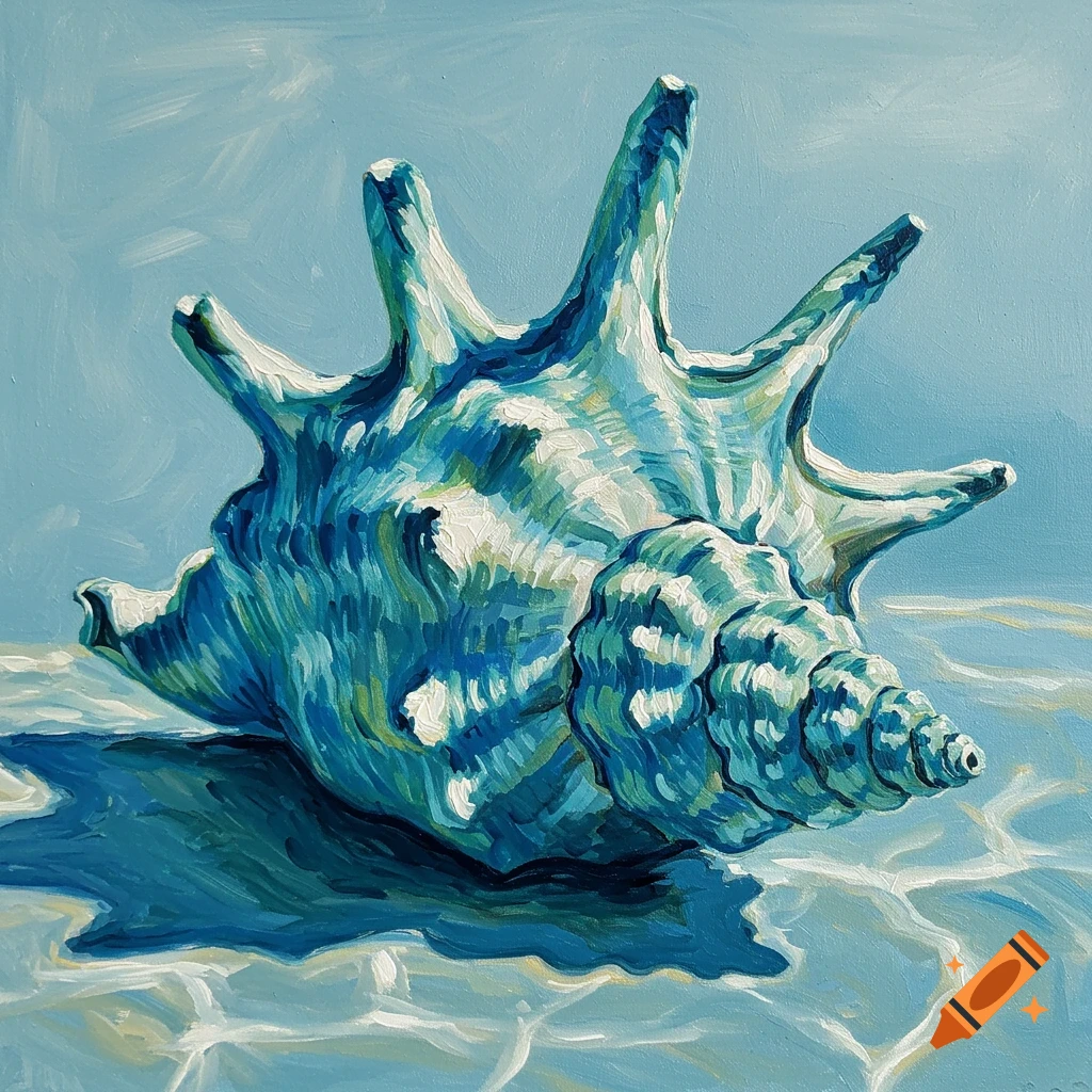 Acrylic painting of a large blue and green seashell on a textured surface.