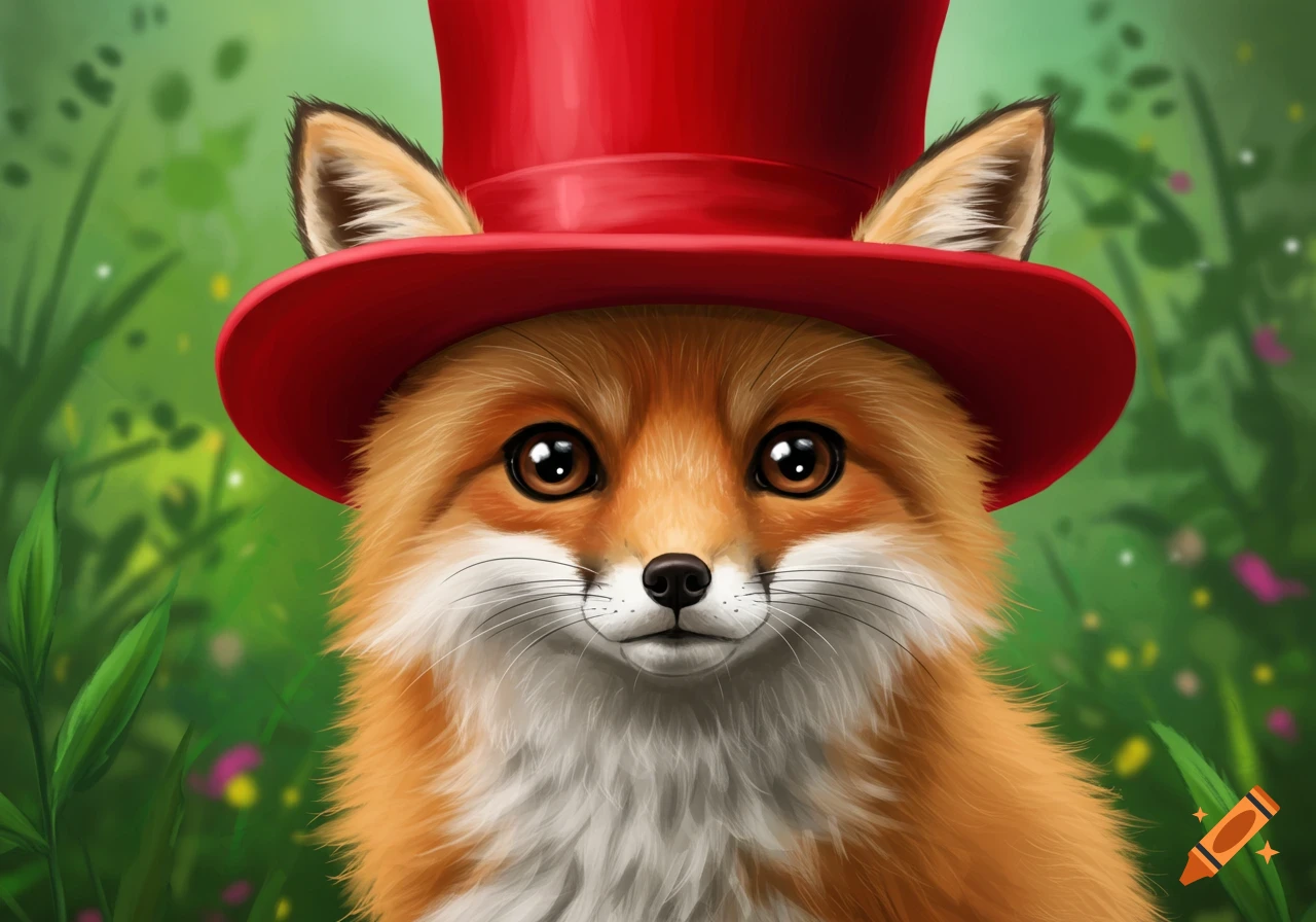 A cute fox wearing a red top hat.