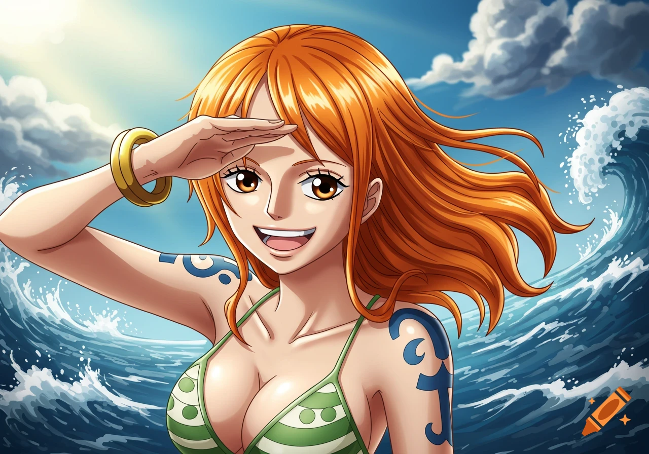 Anime character Nami in a bikini shielding her eyes at the beach.