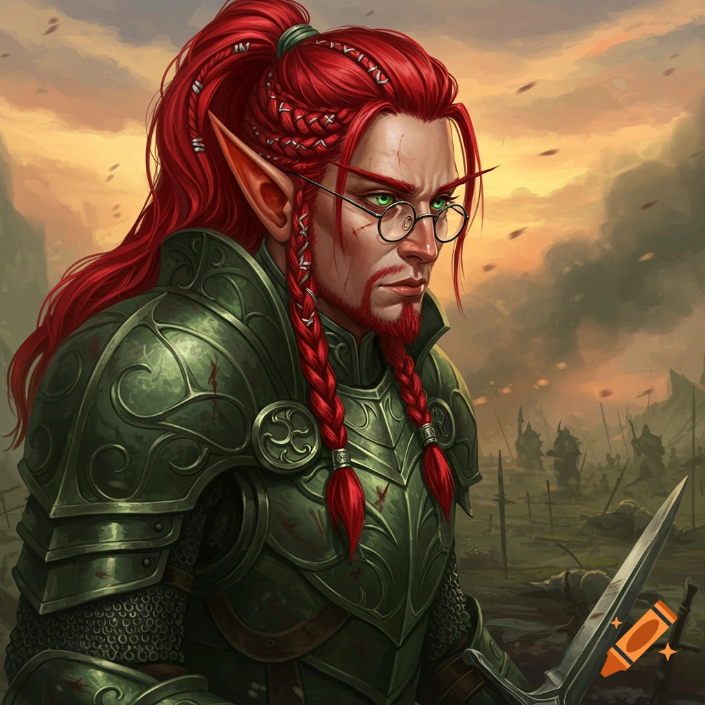A red-haired elf warrior with glasses and green eyes gazes across a battlefield.