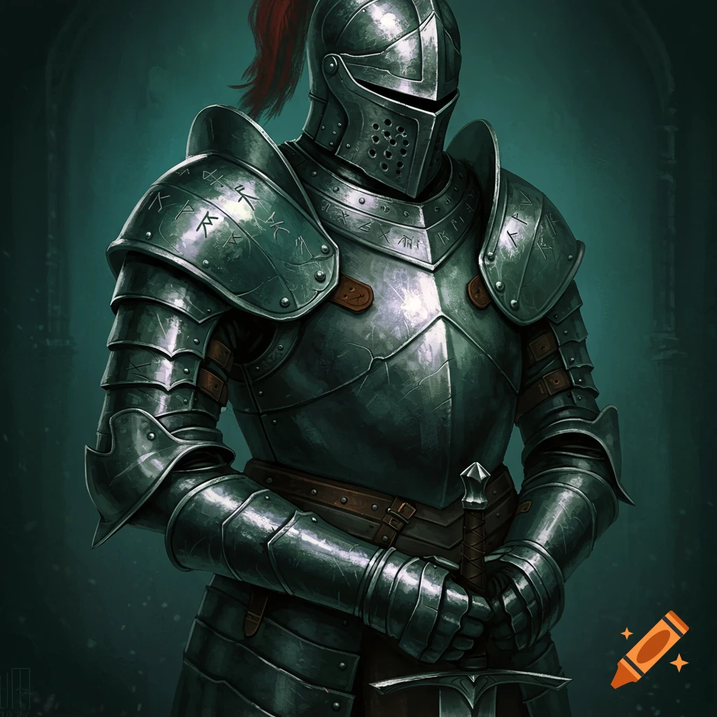 A knight in detailed plate armor holding a sword