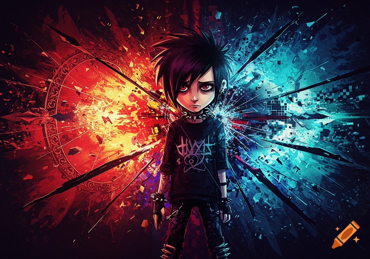An emo character stands against a red and blue breaking background.