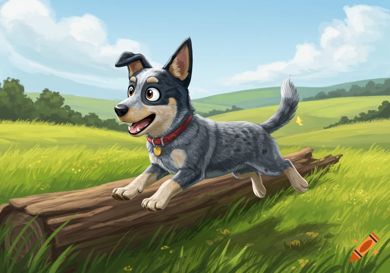 A Blue Heeler dog jumping over a log in a grassy field.