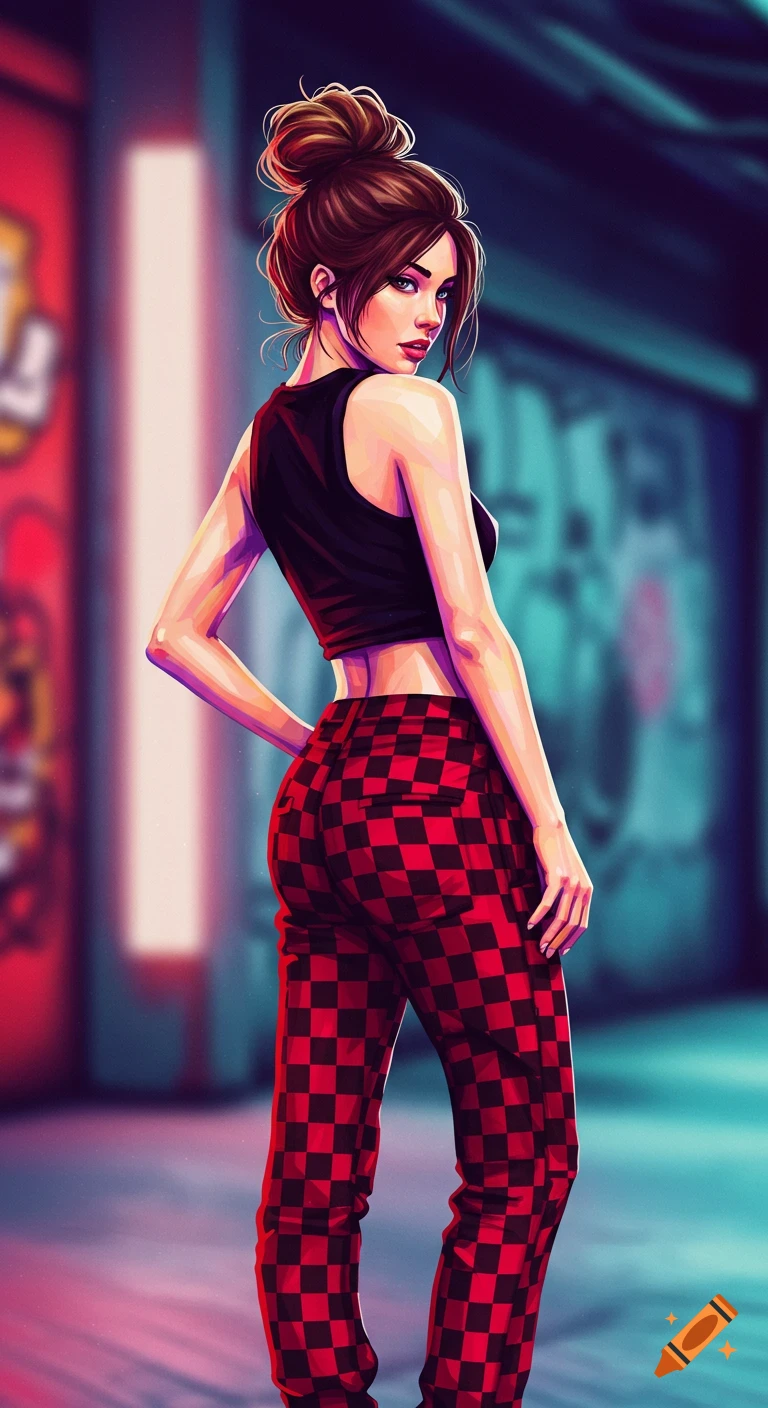 A woman with a messy bun, black crop top, and red and black checkered pants looks over her shoulder.