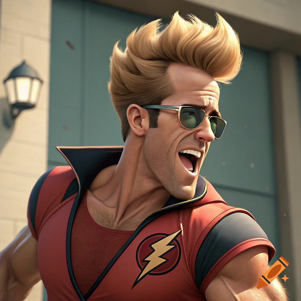 Stylized man with blonde hair and sunglasses in a red superhero outfit with a lightning bolt symbol.
