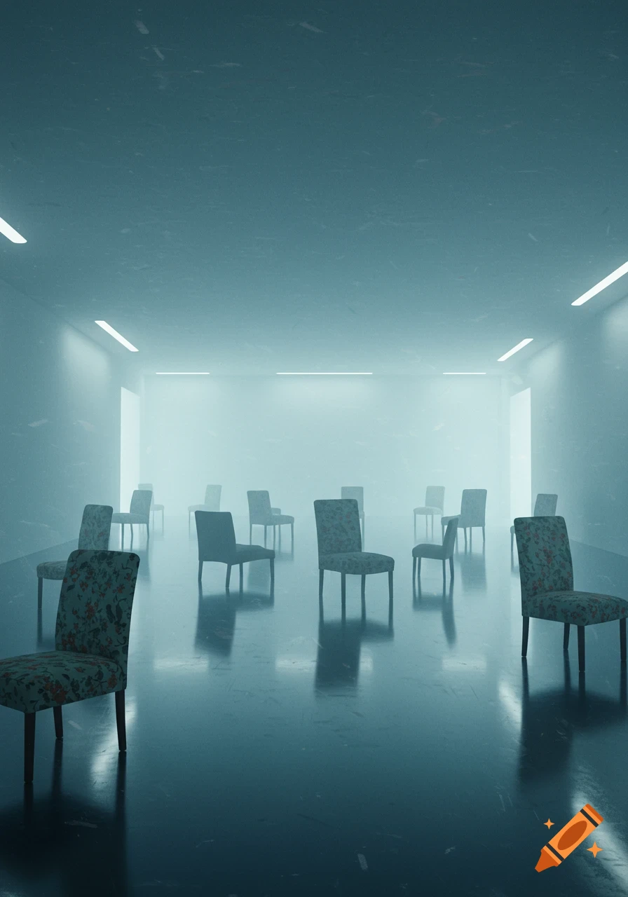 A dim, misty room with scattered, patterned chairs on a reflective floor, digital art.