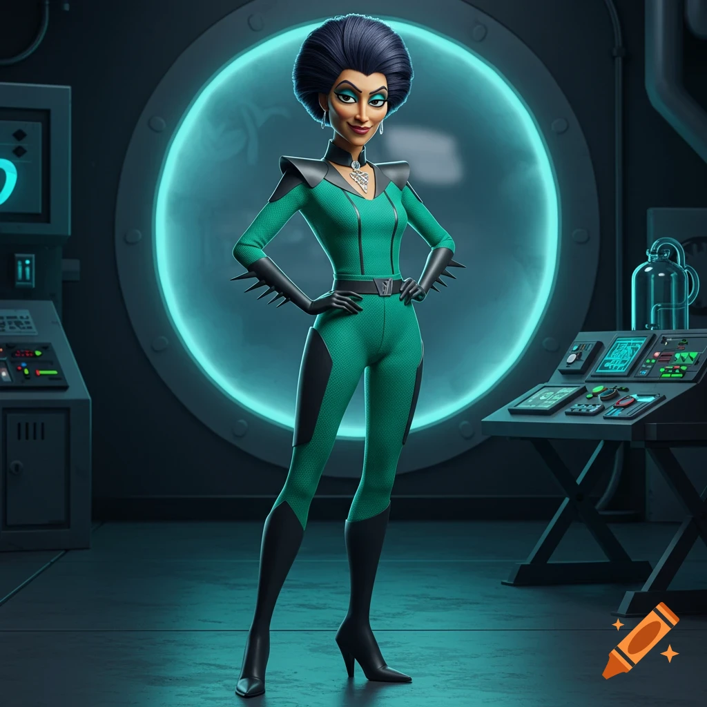 Cartoon female character in green suit in a sci-fi lab.