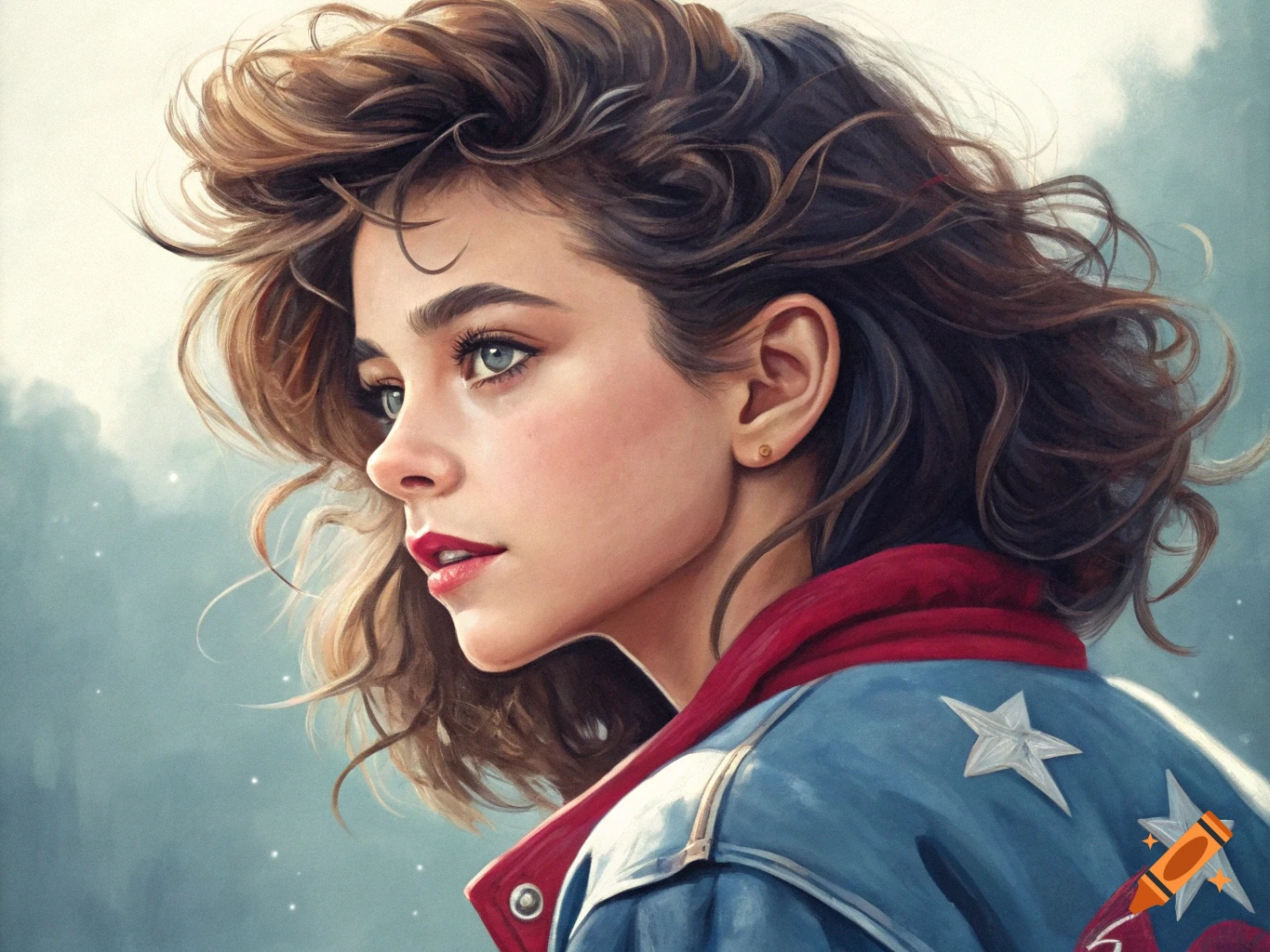 Close-up portrait of a young woman with curly brown hair in a painted style