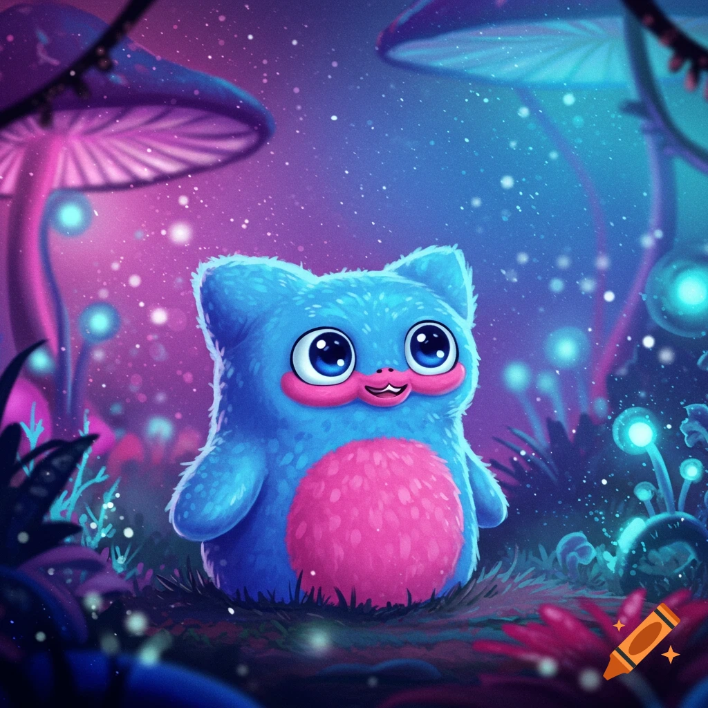 A cute blue fluffy creature with a pink belly sits in a glowing fantasy forest with large mushrooms.