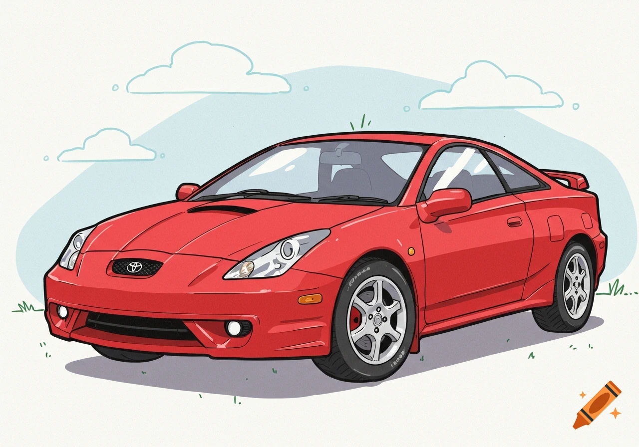 Cute drawing of a red 2002 Toyota Celica car.