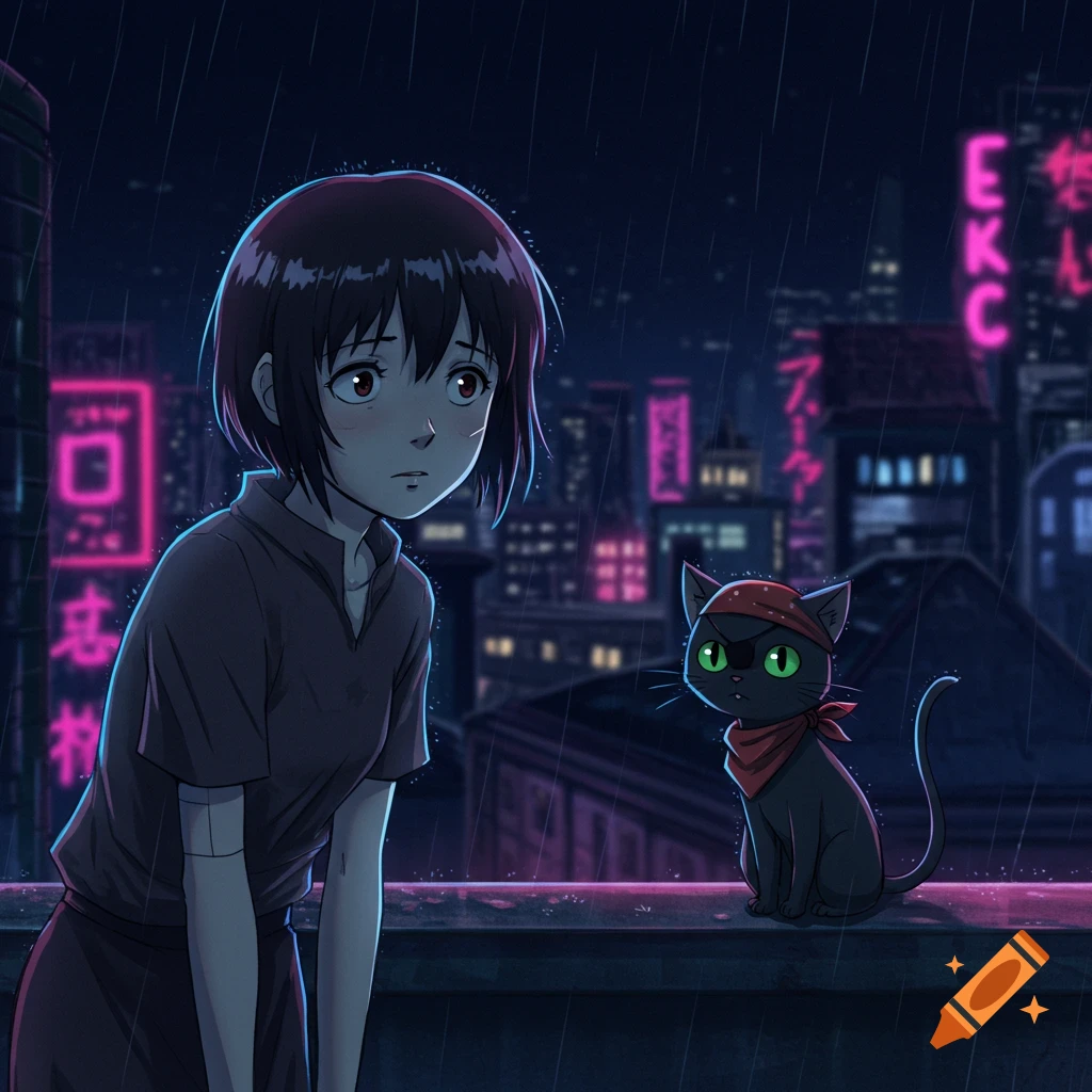 Anime girl and black cat on a rooftop in the rain with neon city background in Serial Experiments Lain style.