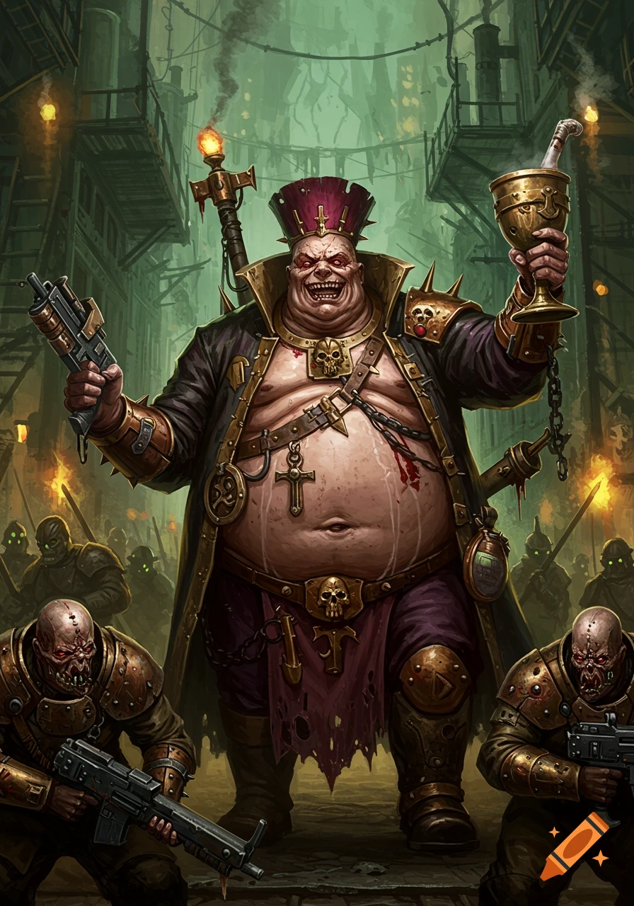 A grotesque, obese leader figure holds a gun and chalice, surrounded by armed followers in a grim industrial setting.